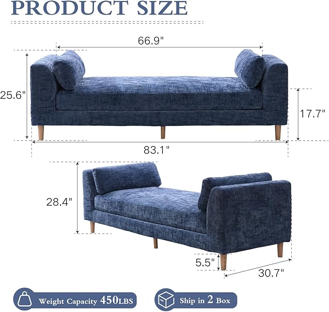 Chifee &amp Vingol 83.1 W End of Bed Bench King Size Bedroom Benches Upholstered Entryway Bench with Removable Pillows for Living Room HallwayBlue