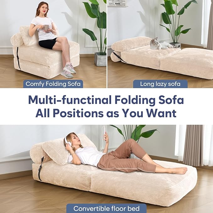 SHOUREN Folding Sofa BedConvertible Sleeper Chair Bed with PillowFoldable Futon Couch Mattress with Back SupportPortable Lazy Floor Sofa Lounger Beige Single
