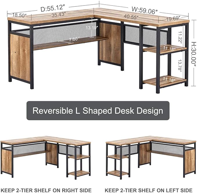 FATORRI L Shaped Computer Desk with Wood Shelves Industrial Rustic Home Office Corner Desk with Metal Legs (Rustic Oak 59 Inch)