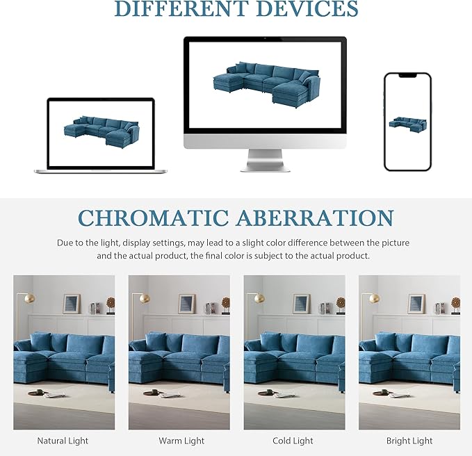 136 Chenille U-Shaped Modular Sectional Sofa with Deep and Wide SeatCloud Couch Set with Double Cushions6 Seat Sofa with Movable Ottomanfor Living Room Apartment Office (Blue#h)