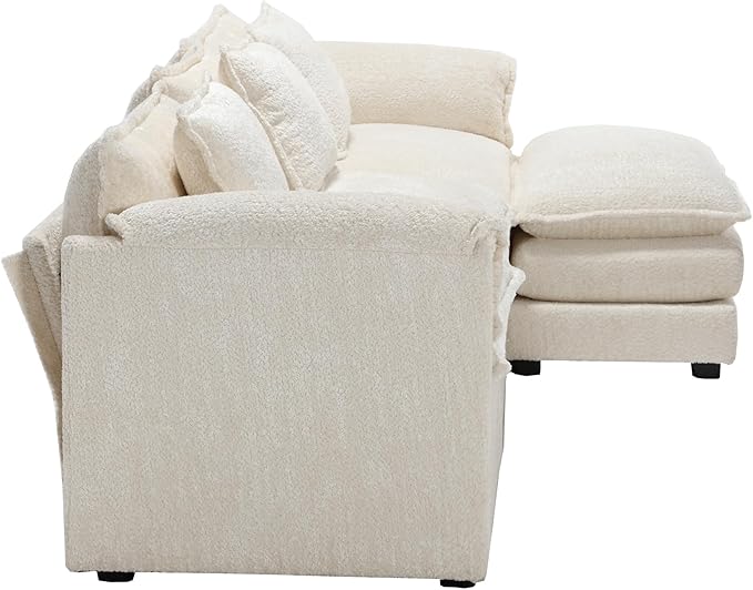 kevinplus 112'' Sectional Sofa Couch with Convertible Ottoman for Living Room Modern Contemporary 3-Seat L-Shape Sofa Couch for Apartment Home Office Thick Cushion &amp Boucle Fabric Beige