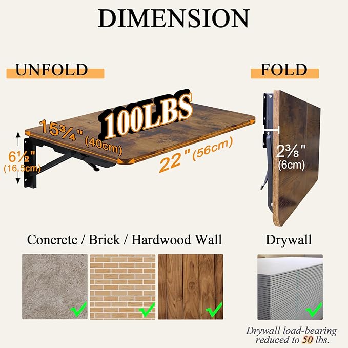 TEAMIX Wall Mounted Folding Table Rustic Brown Floating Desk for Small Spaces Laundry Shelf with Heavy Duty Brackets Floating Desk for Garage Utility Room Kitchen Laundry Room
