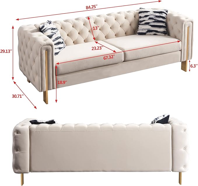 Dolonm Modern Velvet Sofa for Living Room 84 Inches Long Upholstered Sofa Couch with High Armrest and Metal Legs Decor Furniture for Bedroom Office (Cream)
