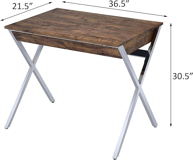 Penau Rustic Weathered Oak Writing Desk with Chrome Accents 2 Spacious Drawers Modern X-Shaped Legs Office and Home Use