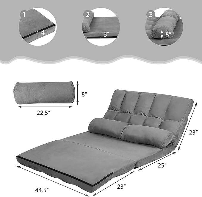 DORTALA Foldable Floor Sofa 6-Position Adjustable Lounge Couch with 2 Pillows &amp Suede Cloth Cover Modern Lounge Mattress Video Gaming Lazy Couch Floor Seating Sofa 71 x 44.5 Grey