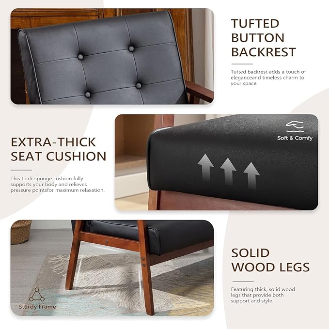 JIASTING Mid-Century Retro Modern Leather Accent Chair Set of 2 Wooden Arm Chair Upholstered Tufted Back Lounge Chairs for Office Living Room