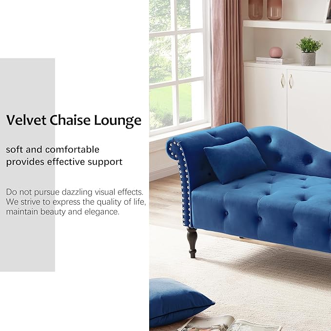 60 Modern Velvet Chaise Lounge IndoorUpholstered Lounge Chair with Left Armrest and Lumbar Pillow Button Tufted Lounge Sofa for Living Room Bedroom OfficeMini Chaise Longue Sofa (Blue)