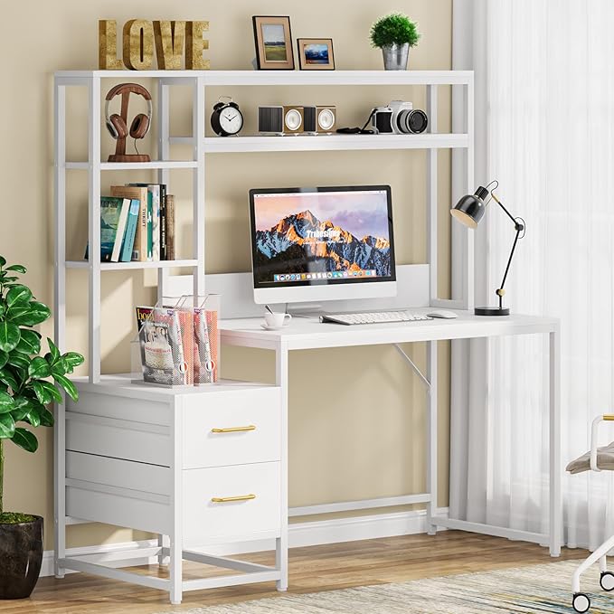 LITTLE TREE Computer Desk with Drawers and Hutch Rustic Office Desk with Storage Shelves for Home Office