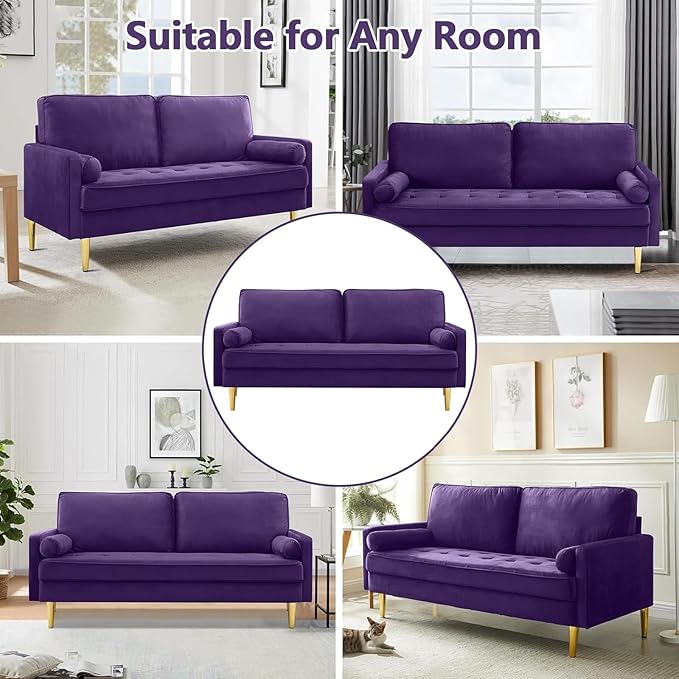 65 Love Seat Sofa Velvet Small Sofa Small Couch for Bedroom Living Room Bedroom Loveseat with 2 Pillows Gold Legs Modern Tufted Seat Upholstered Seating for Office Apartment (Purple)