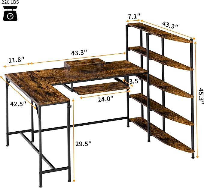 SUNLEI Home Office Desk 63 inch Writing &amp Gaming Workstation with 5 Tire Simple Assembly Steel Frame Rustic Brown