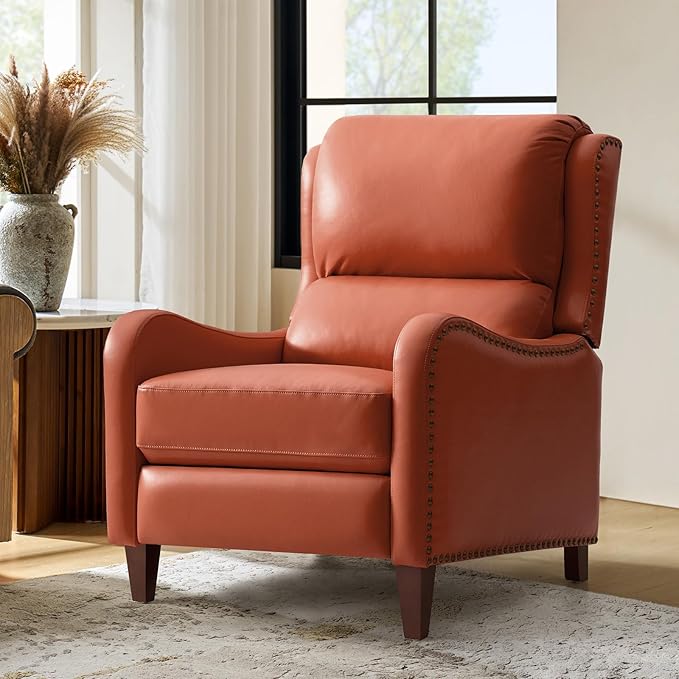 HULALA HOME Genuine Leather Recliner Chair Modern Push Back Recliner Armchair with Thick Seat Backrest &amp Footrest Nailhead Decor for Living Room Bedroom Brick