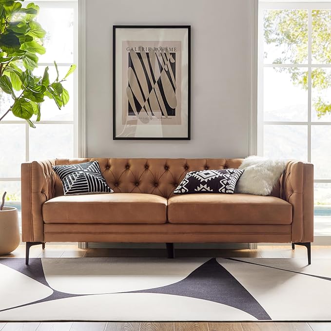 HULALA HOME 84 W Faux Leather Sofa Couch with Metal Legs Button-Tufted 3-Seater Sofa Mid Century Modern Upholstered Couch for Living Room Entertainment Area ApartmentCamel