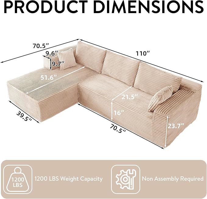 110 Modular Sectional Sofa Cloud Sectional Couch with L-Shape Chaise Modern Modular Couches with Deep Seat Corduroy Sponge Compressed Sofa for Living Room No Assembly Required (Beige)