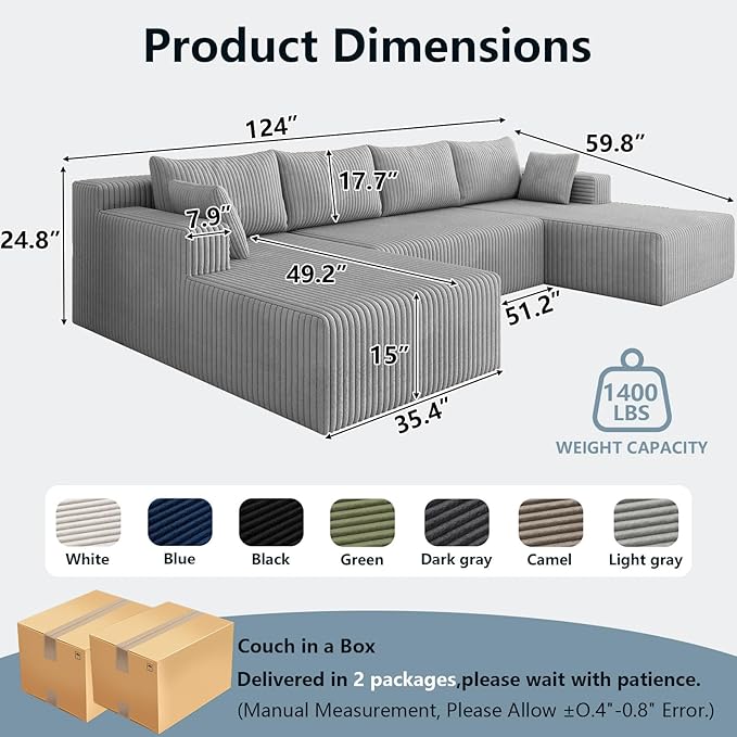 124 Cloud Sectional CouchModern U-Shaped Boneless Couch with Deep SeatComfy Corduroy 4-Seater SofaMemory Foam Sofa for Living RoomNo Assembly Required (Light Grey)