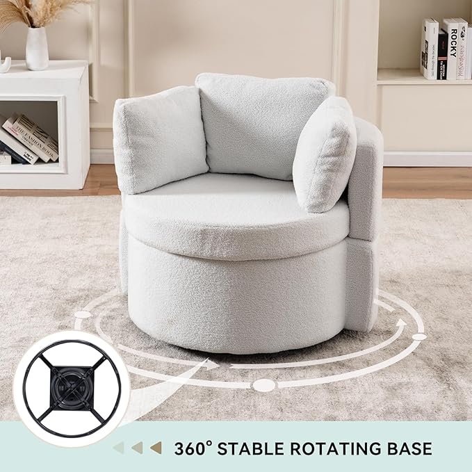 FOXHUNTER Swivel Barrel Chair 360 Degree Swivel Round Storage Chair with 3 Pillows Oversize Teddy Swivel Accent Chair Comfy Single Sofa Chair for Nursery Living Room Bedroom (Ivory)