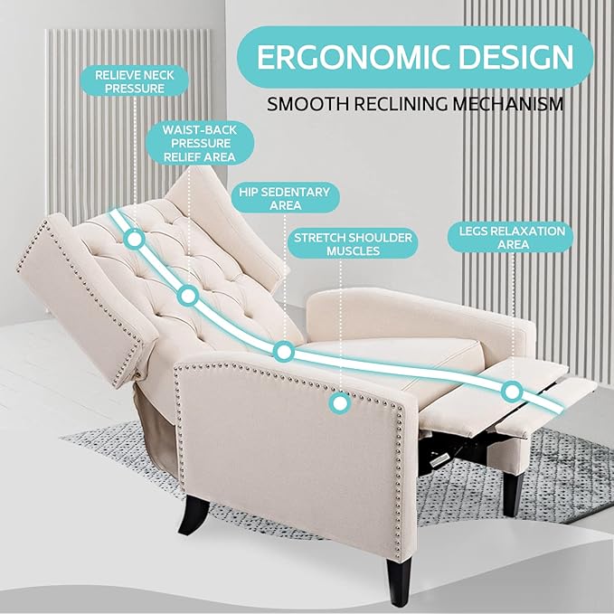 Fabric Recliner Chair Accent Living Room Chairs White Modern Mid-Century Recliner Button Tufted Club Chair Upholstered Reclining Reading Arm Chair 27 Wide