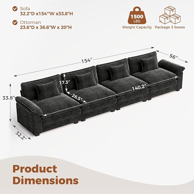 CDCASA 154 Modular Sectional Sofa Comfy Cloud Couch Oversized 4-Seater Chenille Deep Seat Sofa Bed for Living Room DIY Combination Black