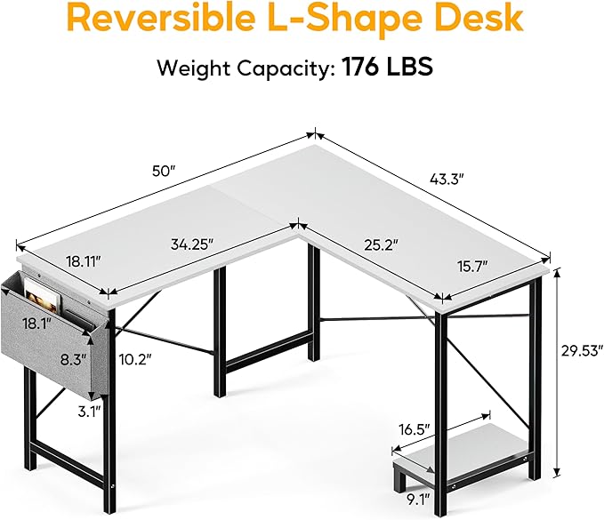 50-Inch White L-Shaped Wooden Tabletop Home Office Desk with Reversible Corner and Metal Frame Including Main Stand and Side Pocket for Gaming Working and Studying