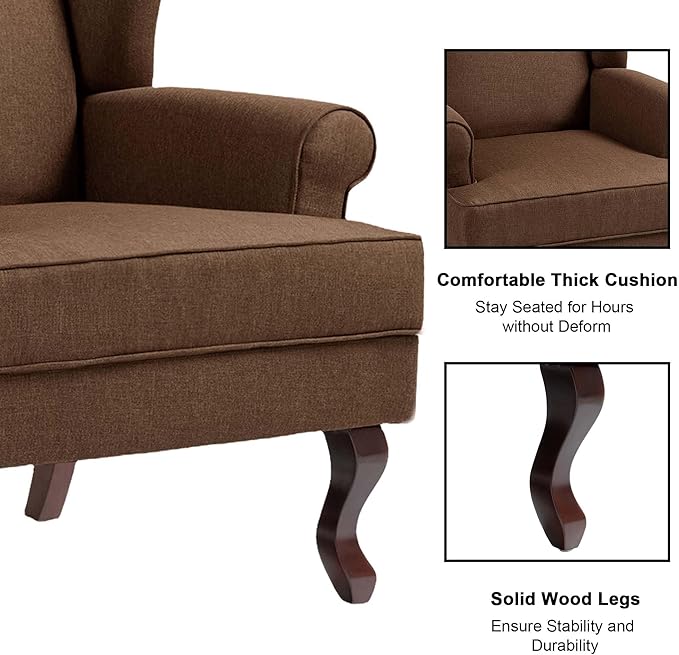 Accent Chair High Back Upholstered Armchair with High Resilience Sponge &amp Wood Legs Mid-Century Modern Comfy Single Sofa Reading Chairs for Living Room Bedroom (Brown Set of 1)