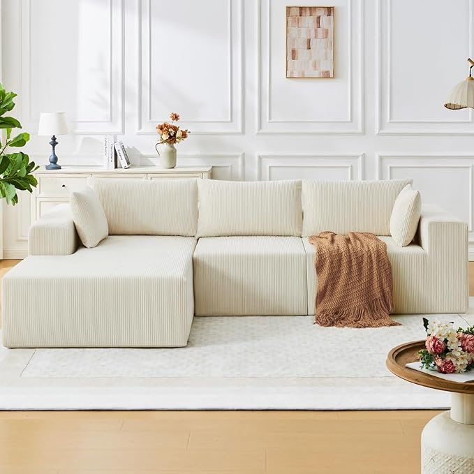 108” Boneless Couches for Living Room Cloud Modular Sectional Couch Modular Sectional Sofa with Deep Seat Modren Comfy Corduroy Fluffy Couch with L-Shaped Chaise No Assembly Required Light Beige