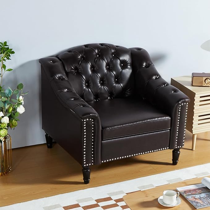 AVZEAR Chesterfield Sofa Chair Mid-Century Modern Armchair PU Fabric Single Sofa Chair with Nailhead Trim and Button Tufted for Living Room Office Bedroom Brown