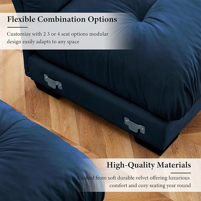 130 Oversized 3 Seater Modular Sectional Sofa Blue Large U Shaped Couch for Living Room Fluffy Velvet Cloud Set With Ottoman