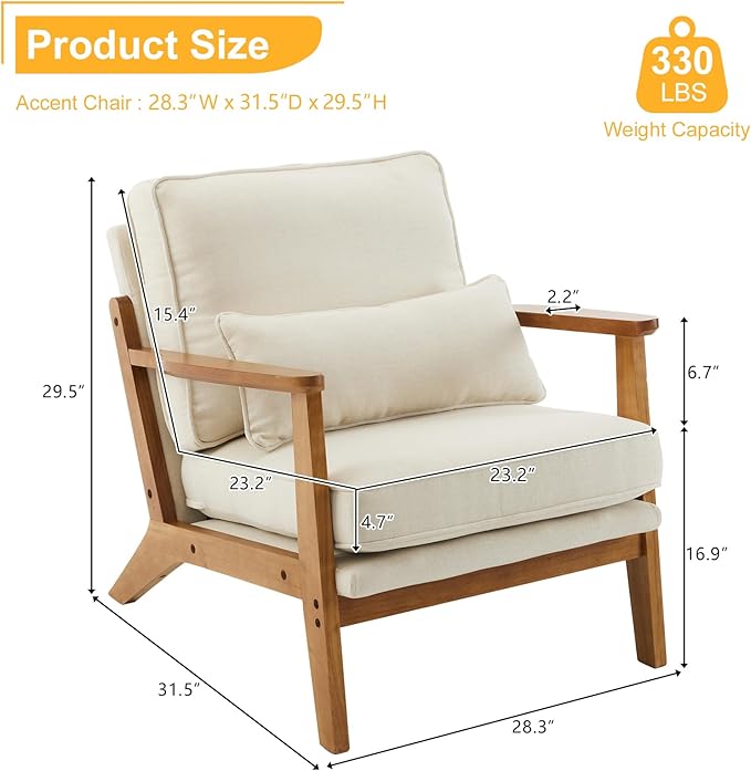 Karl home Accent Chair Wide Armrest Mid-Century Lounge Chair Linen Fabric Armchair with Lumbar Pillow &amp Solid Wood Frame for Living Room Bedroom Balcony Beige