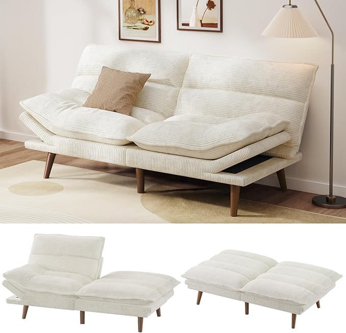 Pipishell Futon Sofa Bed Convertible Futon Adjustable Backrest &amp Armrests Corduroy Sleeper Couch for Small Spaces Living Room Office Guest Room (Pearl White 66 Inch)