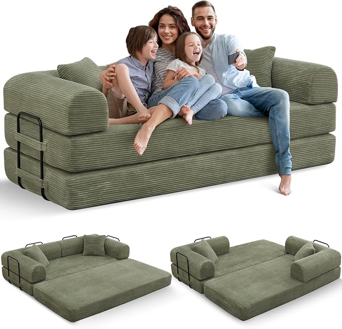 Convertible Folding Sofa Bed Corduroy Sleeper Mattress Couch with Fixed-Shape Frame Free Combination Loveseat Lounge Floor Sofa Queen Size Memory Foam Couch for Living Room Bedroom Light Green