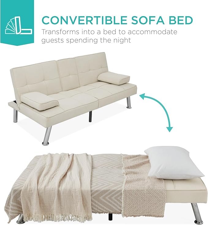 Best Choice Products Linen Modern Folding Futon Reclining Sofa Bed for Apartment Dorm w/Removable Armrests 2 Cupholders - Ivory