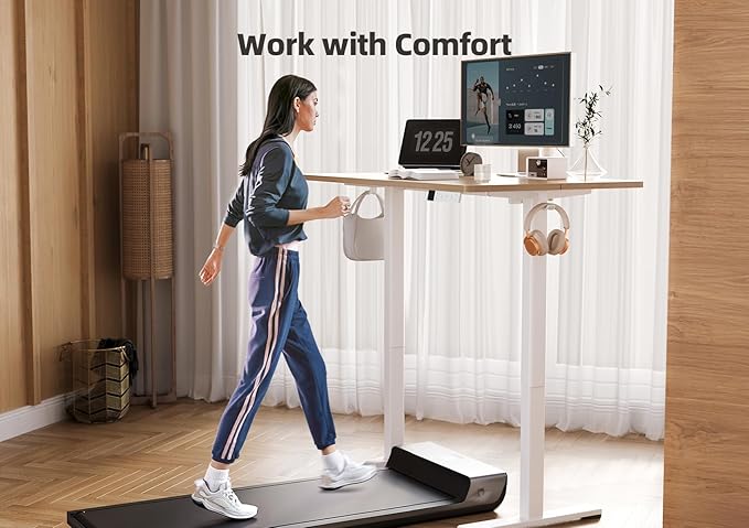 YDN Electric Standing Desk Adjustable Height 48 x 24 Inches Stand up Desk with Cable Management Home Office Desks with Splice Board &amp White Frame Nature Top