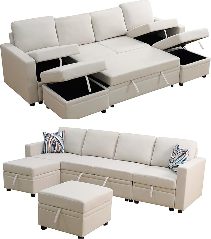 FONTOI 102 Inch L Shaped Sectional Couch with Pull Out Bed 6-Seat Sleeper Sofa with Storage Ottoman Convertible Sofa Bed for Living Room Apartment Off White