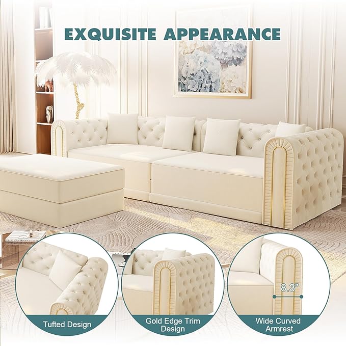 Polibi 90.6 3-in-1 Convertible Sleeper Sofa Bed Velvet Tufted Modern 3-Seater Couch with Movable Ottoman &amp Gold Trim King Size Sleeper for Living Room Apartment Beige+White