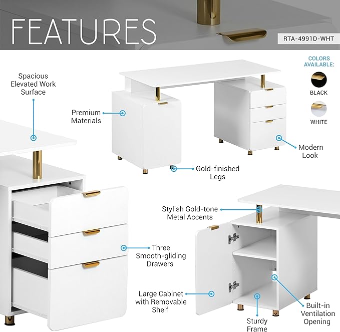 Elegant 56.75 W Executive Desk with 3 Drawers and Storage Cabinet Modern Office Desk with Gold Accents Floating Work Surface Closed Storage with Ventilation &amp Adjustable Shelf (WhiteGold)