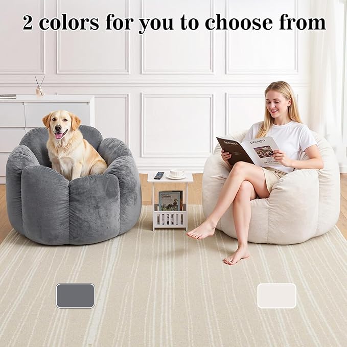 HOMMPA Bean Bag Chair for Adults Comfy Velvet Bean Bag Couch with Back Support Flower Shaped Oversized Sofa for Living RoomBedroomDormBeige