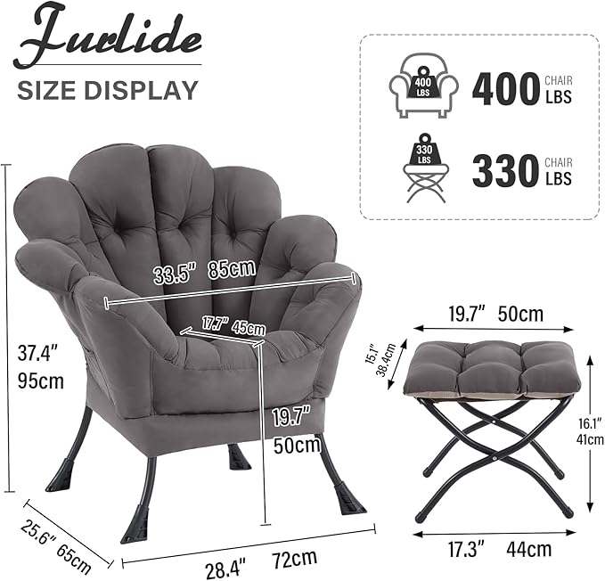 Lazy Chair with Ottoman Modern Floral Reading Chair with Folding Footrest Dark Grey Accent Chairs Comfortable Oversized Armchairs for Bedroom Living Room Courtyard