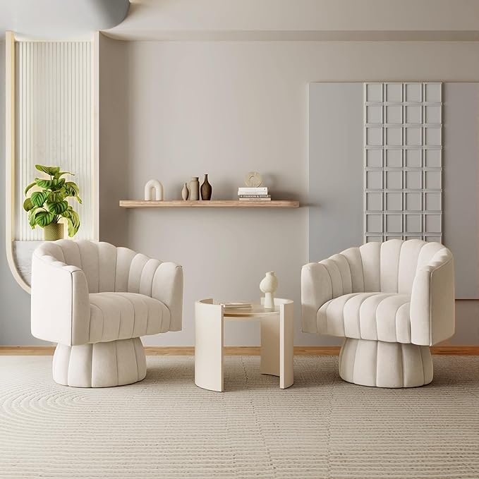 Swivel Accent Chair Set of 2Mid Century 360° Swivel Barrel ChairFluffy Velvet Fabric ChairsRound Club Arm ChairUpholstered Single Sofa Seating for HomeLiving Room BedroomWaiting Room