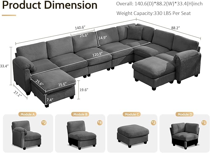 DRMBOOK 140.6'' U Shaped Modular Sectional Cloud Couch Comfy Corduroy 7 Seater Sofa with Curved Armrest Modern Deep Seat Sofa for Living Room (Grey 6 Seat+1 Corner+2 Ottoman)