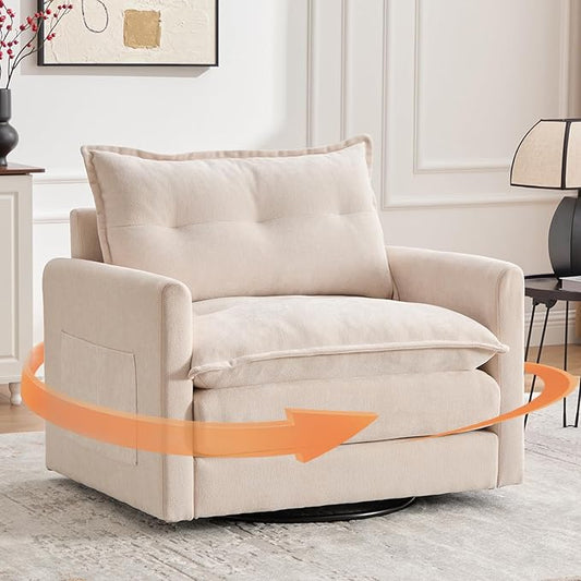 cinkehome Oversized Swivel Chair 36 Swivel Armchair Accent Chair for Living Room Mid Century Modern Thick Padded Arm Chairs Memory Foam Chenille Beige