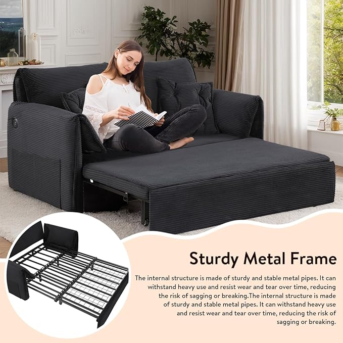 3 in 1 Sleeper Sofa Couch Bed Pull Out Couch Bed Oversized Loveseat Sofa Bed with Padded Armrest Upholstered Cloud Couch Sectional for Living Room (Corduroy Black)