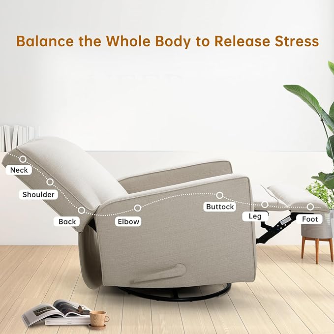 Swivel Rocker Recliner Chair for Adults High Back Fabric Recliner with Deep Seat Manual Glider for Living Room &amp Nursery Beige