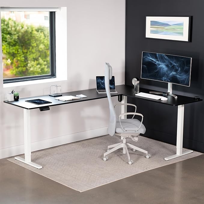 VIVO Corner Standing Desk 84 x 63 inch Reversible L-Shaped Workstation Electric Height Adjustment Home Office and Reception Rooms Black Table Top White Frame DESK-E3CTWB-84