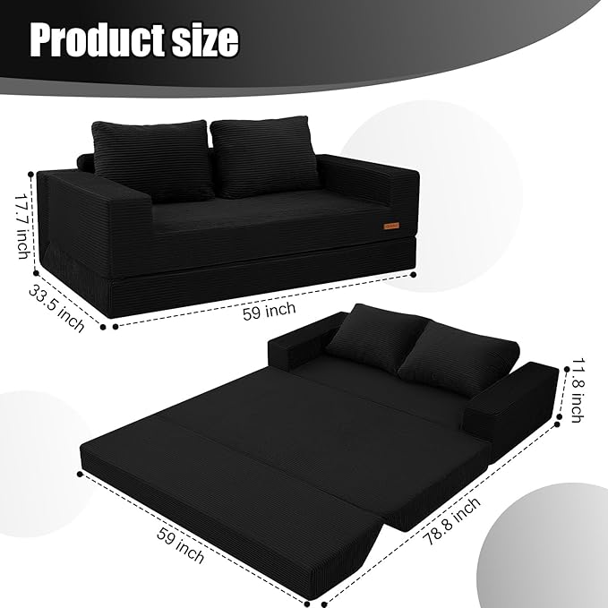 COMAX Convertible Sofa Bed Queen Corduroy Folding Floor Couch Pull Out Couch Bed Futon Sleeper with Pillows Fold Out Boneless Sofa Comfy Lounge Mattress Loveseat for Living Room Bedroom Black