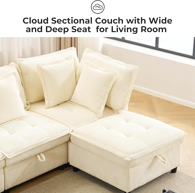 133 Modular Sectional Sofa L-Shaped Corduroy Comfy Sectional Couches for Living Room 3-Seater Cloud Couches with 1 Ottoman Modern Deep Seat Sofa with Large Storage Corduroy Beige