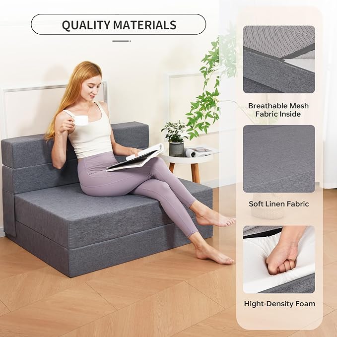 Folding Sofa Bed Twin Size Foldable Sleeper Chair with 2 Pillows Convertible Futon Sofa Bed with Washable Cover Fold Out Couch for Living Room Dorm Guest Room Standard Size Light Grey