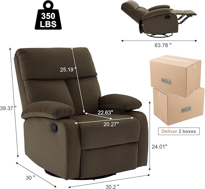 Swivel Rocker Recliner Rocking Small Reclines for Small Spaces Velvet Single Recliner Chair Sofa for Living Room Nursery Bedroom Coffee Brown