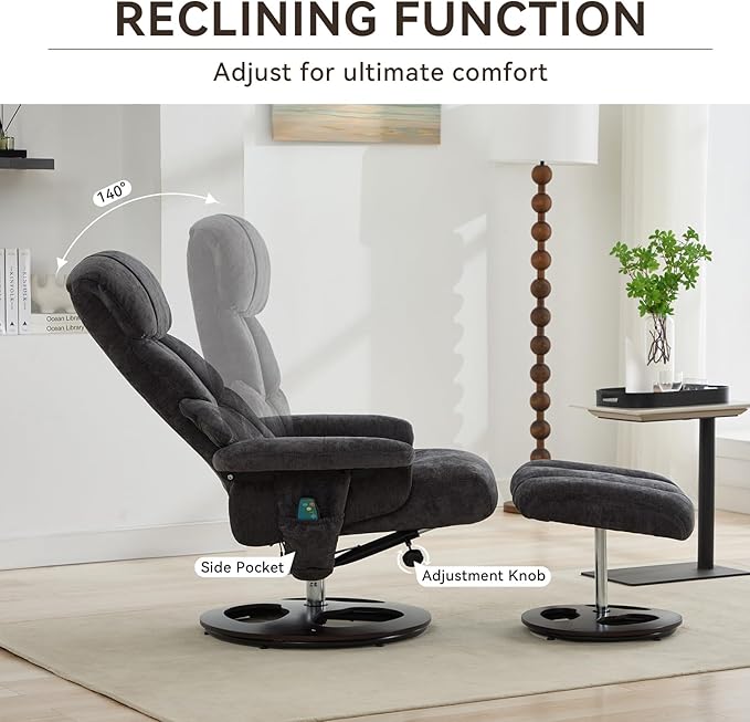 Ergonomic Recliner Chair with Ottoman for Adults 360° Swivel Massage Lounge Chair with 5-Point Vibration &amp Heated Seat140° Adjustable Chenille Recliner for Living Room Office (Dark Gray+Chenille