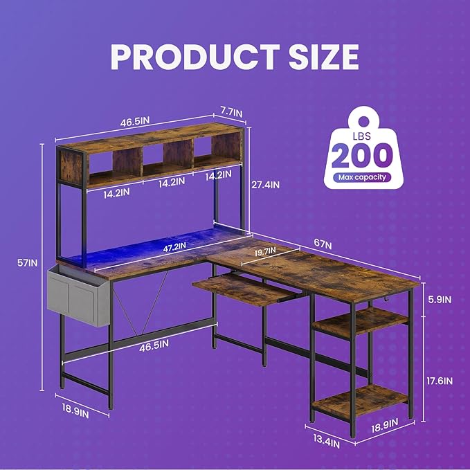 DUMOS L Shaped Gaming Desk 67” Reversible Computer Desks with Led Lights Corner Table with Keyboard Tray Side Bag Storage Shelf Metal Frame Wood Writing for Home Office Bedroom Brown