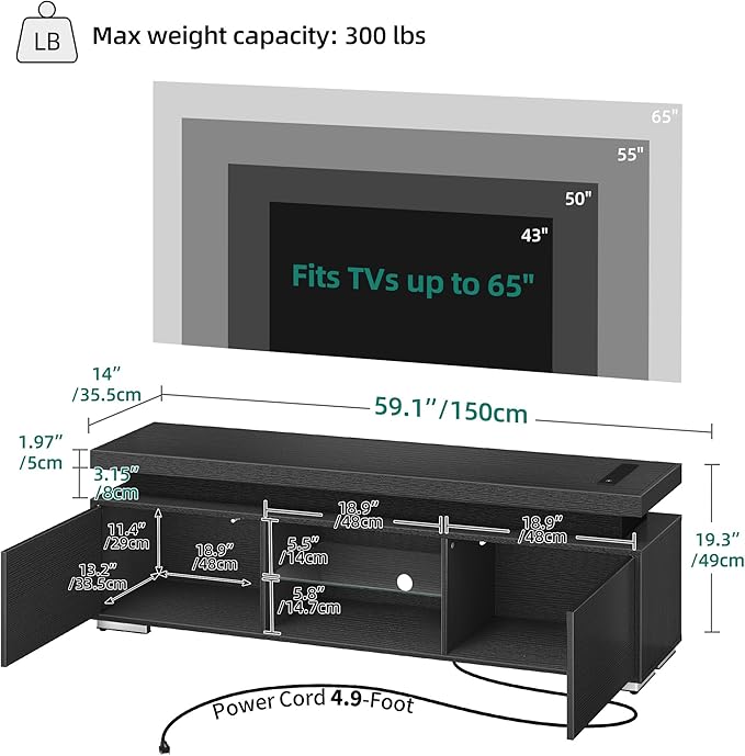 YITAHOME Black TV Stand for 65 inch TV Entertainment Center with Storage Modern LED TV Stand w/Power Outlets for Living Room TV Console Media Cabinet Black