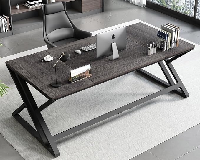 HSH Large Rustic Computer Desk Industrial Extra Long Home Office Desk Modern Pc Study Gaming Writing Table for Two Person Workstation Executive Desk for Home Bedroom Living Room Dark Gray 70 Inch